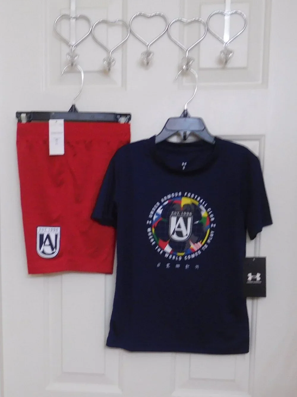 NWT 2pc Under Armour Football Club Navy Shirt & Red Shorts Set sz 6